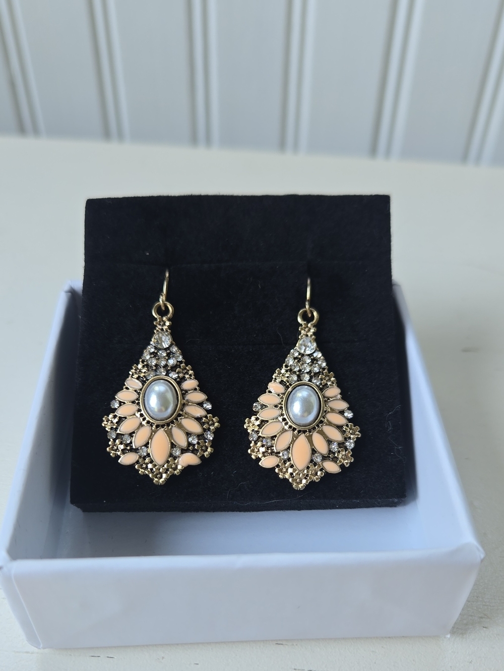 Gold-Tone Peach Teardrop Pearl Drop Earrings